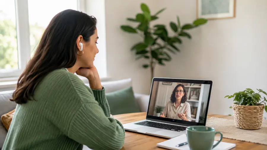 Mujer realizando una sesión de terapia online en español desde casa, sentada frente a un portátil con videollamada, en un ambiente luminoso y acogedor con plantas y tonos verdes.